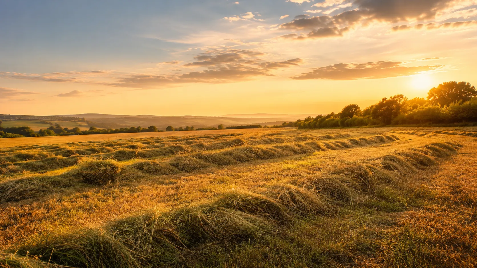 Cut hay drying in golden light after mowing