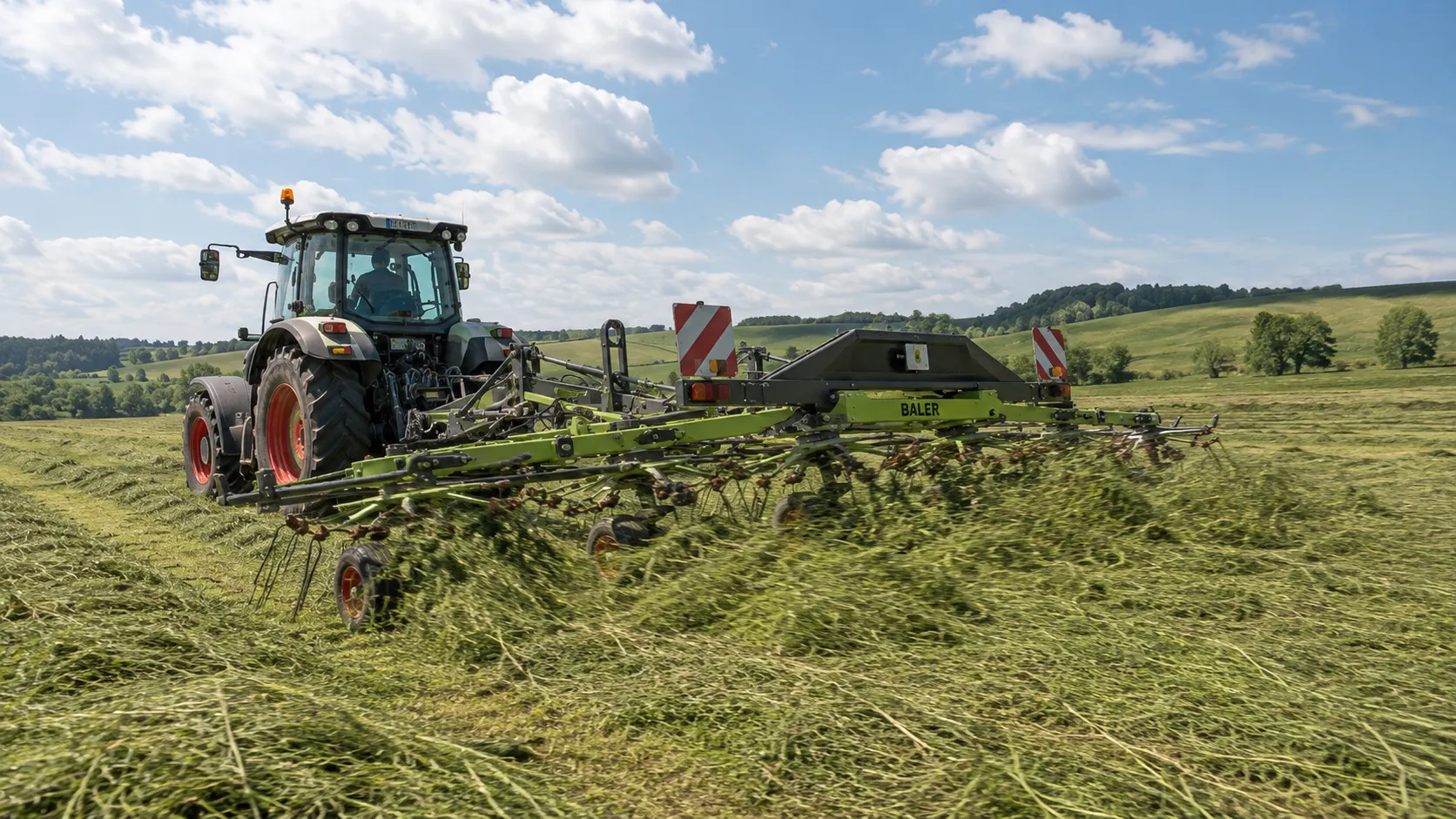 Hay tedder aerating cut grass for faster drying