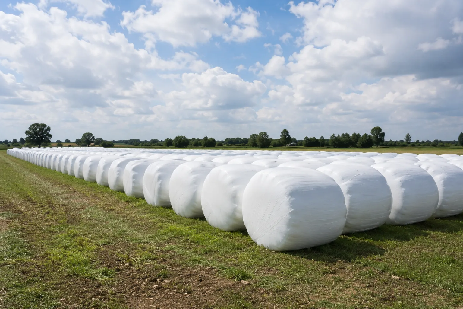 White-wrapped silage bales arranged in field